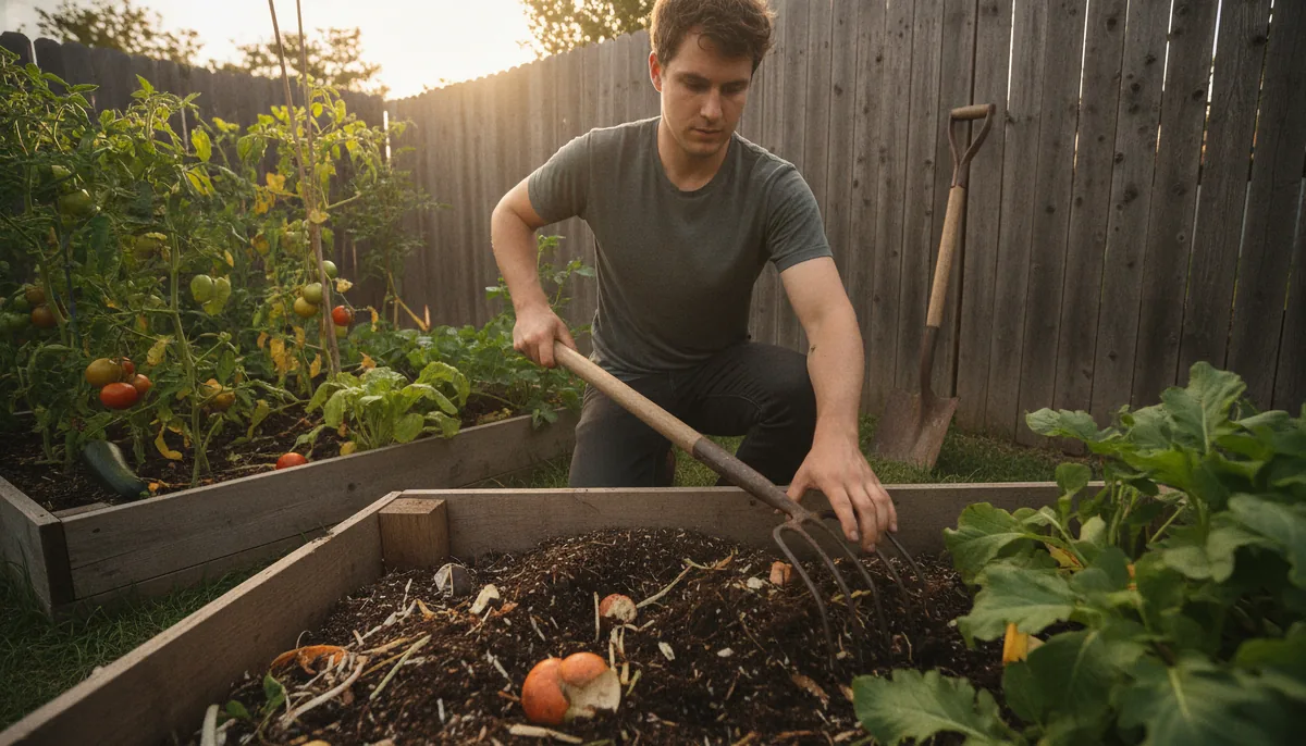 Épandage d'un amendement organique sur une planche de potager en automne