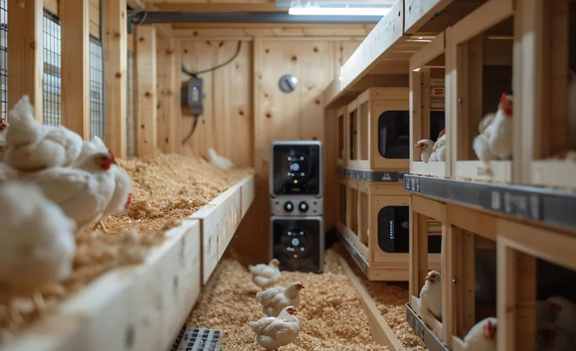 Poules dans un poulailler garni d'une litière végétale propre