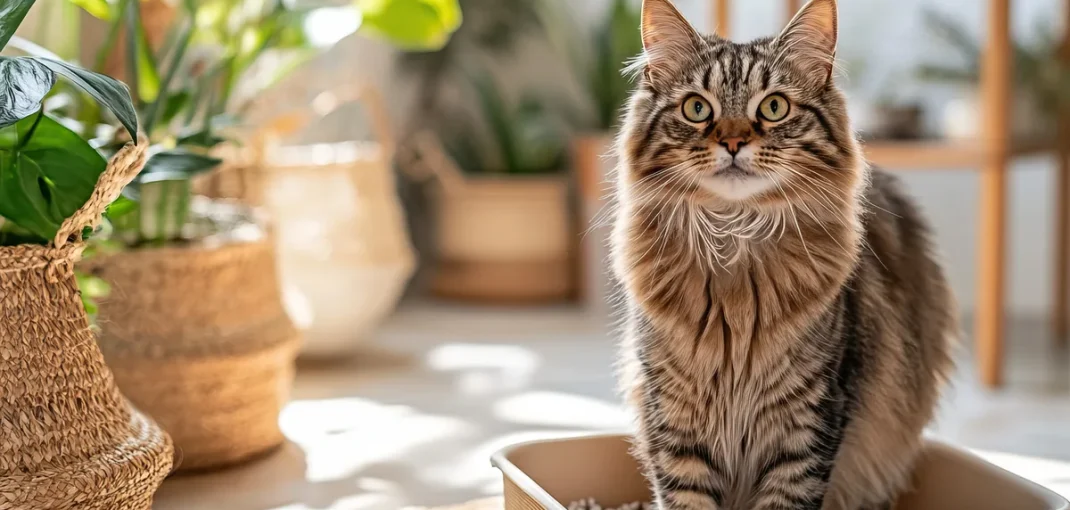 Chat à côté de son bac garni de litière végétale