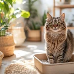 Chat à côté de son bac garni de litière végétale