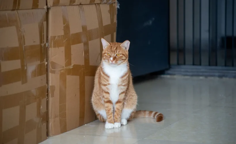 Chat assis à côté de son bac à litière